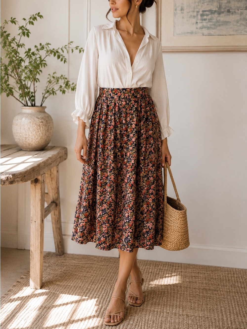 Vintage Daniel Hechter Paris Floral Rayon Midi Skirt | Estimated Size 6